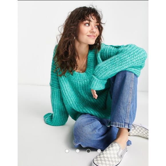 Free People Blue Bell V Neck Chunky Sweater Electric Teal Blue - Picture 1 of 7